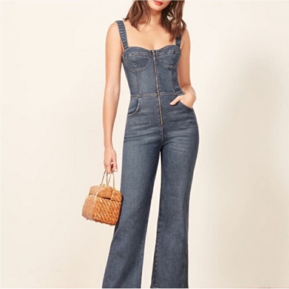 NWT Reformation Kona denim wide leg jumpsuit in rhine size 0
